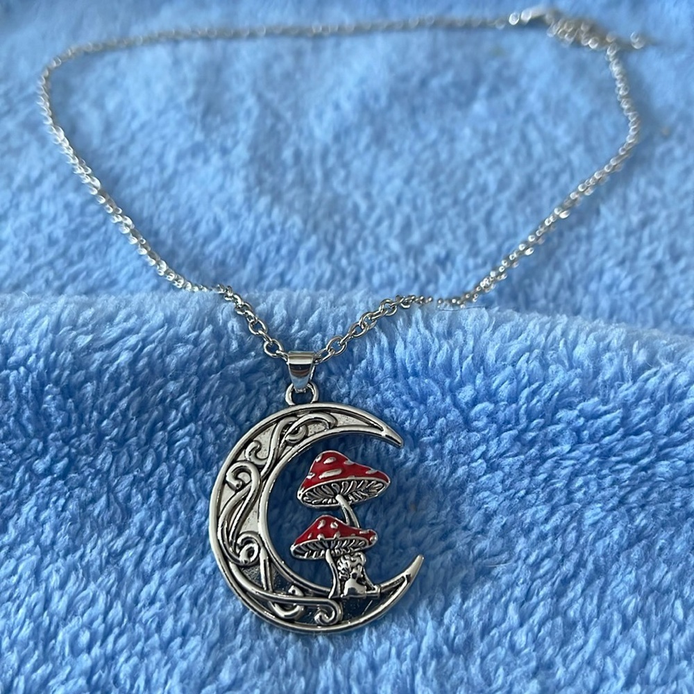Boho Zinc Silver tinted Mushroom Crescent Moon Charm Necklace